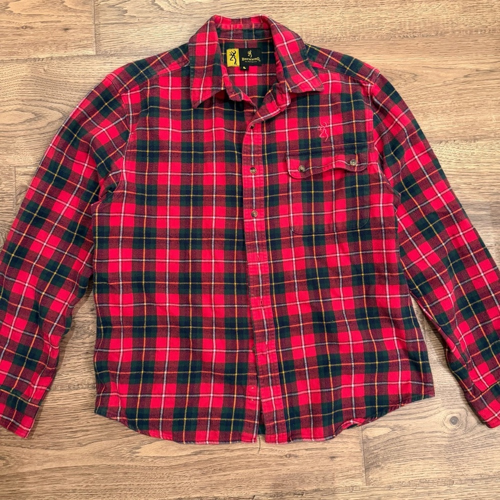 Browning Mens Large Red Plaid Flannel Long Sleeve Button Down Shirt EUC